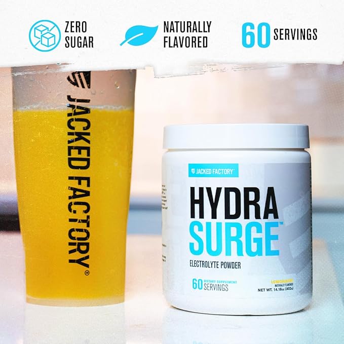 Jacked Factory HYDRASURGE Electrolyte Powder - Hydration Supplement w/Key Minerals, Himalayan Sea Salt, Coconut Water - Keto Friendly, Naturally Sweetened - 60 Servings, Refreshing Lemonade