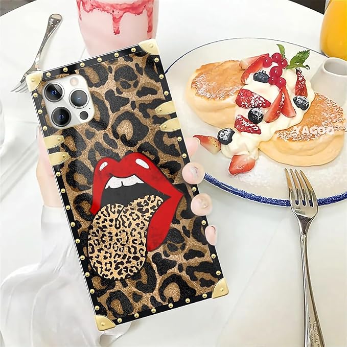 Compatible with iPhone 12 12 Pro Case, Brown Leopard Print Mouth Luxury Golden Decoration for Girl Women Soft TPU Shockproof Protective Hard PC Back for iPhone 12 12 Pro