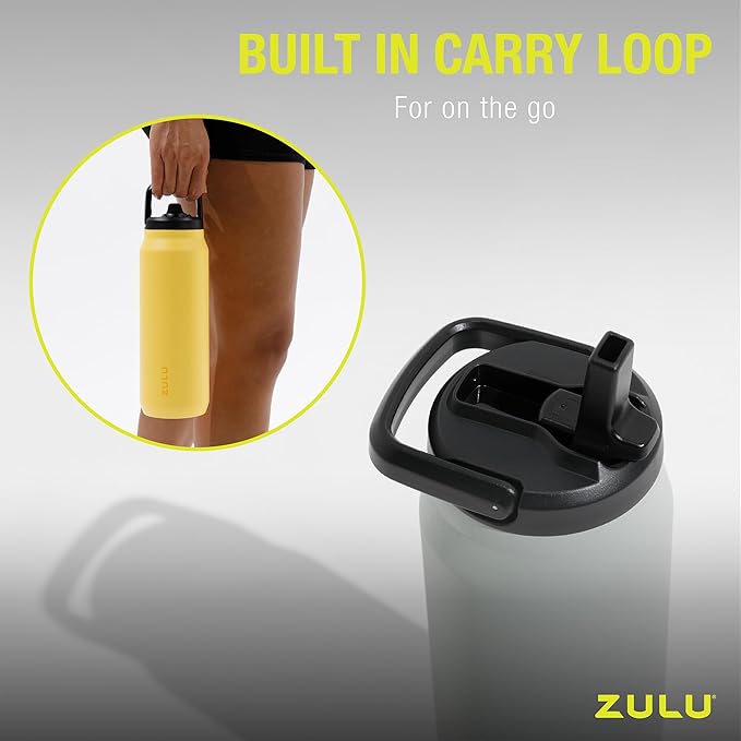 ZULU Base 24oz Stainless Steel Water Bottle with 3 Lids- Straw, Chug, Twist | Double Walled and Vacuum Insulated Metal Thermos | Fits Car Cupholder, Built in Carry Loop, Dishwasher Safe, Black