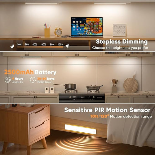 13inch Under Cabinet Lighting, 2500mAh Motion Sensor Light Indoor, USB Rechargeable Battery Operated Closet Light, Dimmable LED Cabinet Lights, Under Counter Light for Kitchen-2 Pack