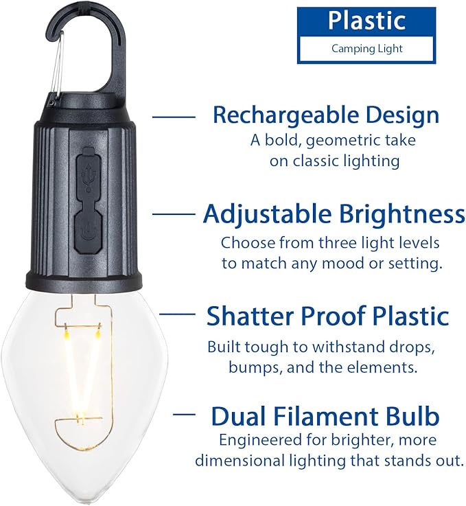 Rechargeable Camp Light, Warm White LED Teardrop Bulb, Battery Powered with USB-C, Shatterproof Globe on Carabiner, 3 Brightness Levels