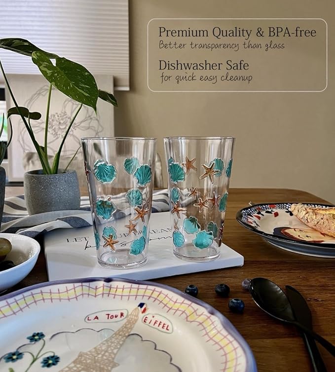 KLIFA- HAWAII series- 15.2 & 20.9 ounce, Set of 8, Sea World Acrylic Drinking Glasses, Shatter-proof Tumblers, BPA-Free, Stackable Plastic Drinkware, Dishwasher Safe Cups, Clear with 2-color printing