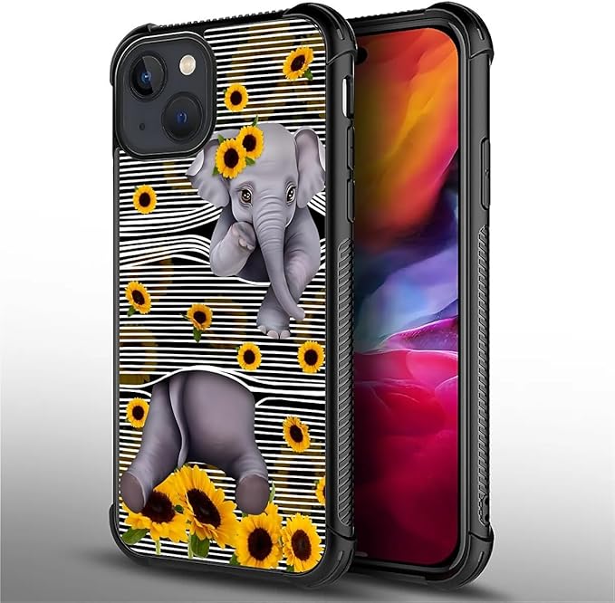 for iPhone 15 Case, Cute Little Elephant Sunflower White Line Art Pattern Graphic Design Girl Boy Soft Silicone Hard Acrylic Shock Protection for iPhone 15