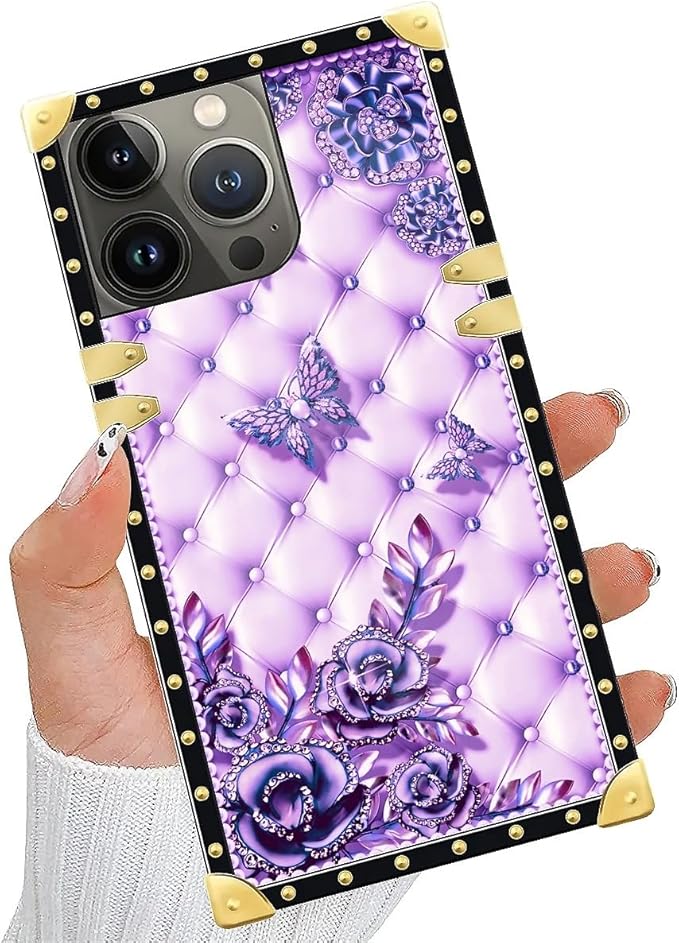 Compatible with iPhone 14 Pro Max Case, Purple Butterfly Flowers Leaf Luxury Golden Decoration for Girl Women Soft TPU Shockproof Protective Hard PC Back for iPhone 14 Pro Max