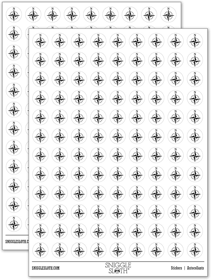 Compass Rose Nautical Star Navigation Map 200+ Round Stickers - Gloss Finish - 0.50" Size - White