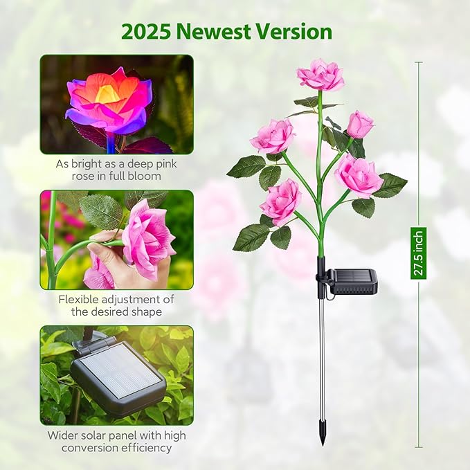 Solar Garden Lights, 6 Pack Upgraded Garden Decor LED Lights with 30 Rose Flowers, IP65 Waterproof 7 Color Changing Flowers, Outdoor Solar Lights for Garden Decorations, Gifts for Valentine's Day
