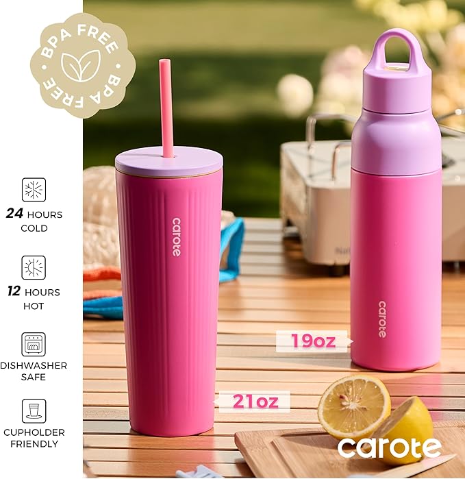 CAROTE 19 oz One-Click Open Insulated Water Bottle & 21 oz Tumblers with Lid and Straw, Double-Wall Insulated Stainless Steel, Leakproof Lid with Handle, Essential for Travel, School(Rose Pink)