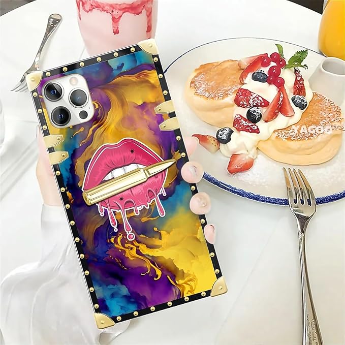 Compatible with iPhone 12 12 Pro Case, Cool Corlorful Lip Marble Luxury Golden Decoration for Girl Women Soft TPU Shockproof Protective Hard PC Back for iPhone 12 12 Pro