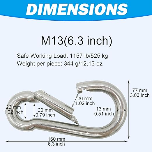 304 Stainless Steel Carabiners -6.3 inch Heavy Duty, Durable & Rust-Free Clips for Gym, Swing, Dog Leashes, Hammocks, Keychains, and More(304,M13,Pack of 1)