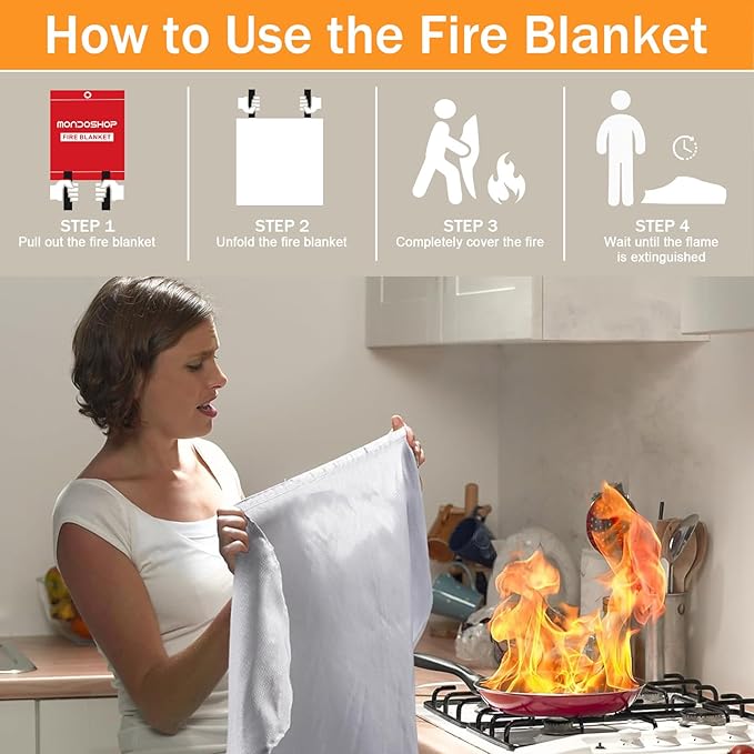 Mondoshop Silicone Fire Blanket for Home - 40"x40" Emergency Fire Blankets for Kitchen, Fire Retardant Blankets for Car, Camping, Grill, Office, Warehouse, School, Picnic