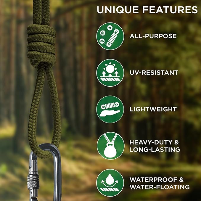 TECEUM Rope – 90 Feet x 1/4 Inch (7mm) – Army Green – Strong All-Purpose Utility Rope – Camping, Crafting, Flag Pole, Indoor & Outdoor – Polypropylene Nylon Poly Lightweight Diamond Braided Cord