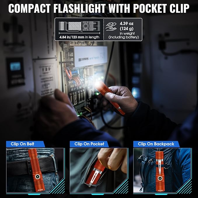 Rechargeable Tactical Flashlights, High Lumens Small Mini USB-C LED Flashlight, Compact EDC Flash Light, 4 Modes&Memory Function, Waterproof Pocket Lights for Home,Camping,Emergency (1, Orange)