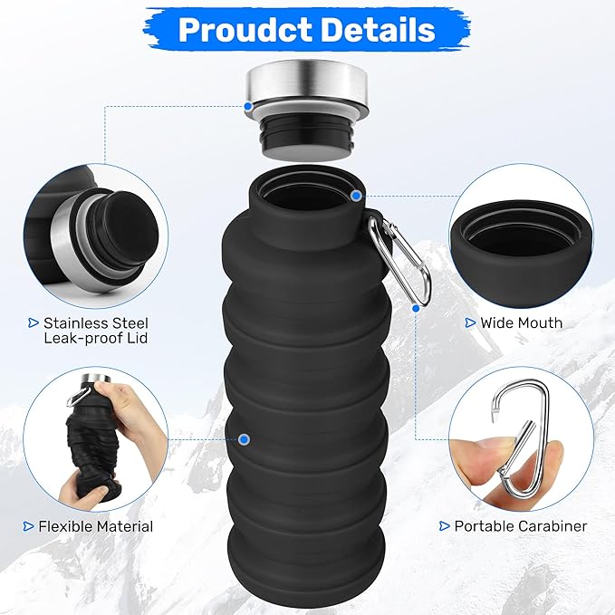 Collapsible Water Bottle, 16oz Portable Reusable Silicone Water Bottle, BPA-Free Leak-Proof Foldable Design with Carabiner, Lightweight Durable for Gym, Travel, Camping, Hiking, Sports(Blue+Gray)