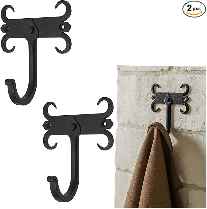 Mystic Colonial Rustic Cast Iron Wall Hooks, Heavy Duty Retro Utility Hooks for Hanging Coat, Bag, Towel, Robe, Hat and More, Mounting Hardware Included, Pack of 2