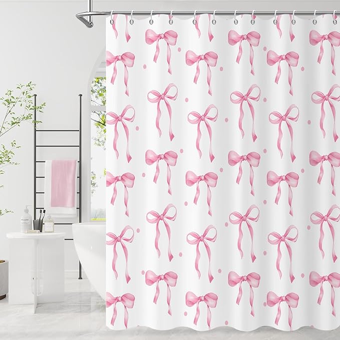 Pink Bow Shower Curtain, Pink and White Modern Aesthetic Bowknot with Polka Dot Cute Girly Bathroom Curtain Waterproof Fabric Machine Washable with Hooks, 65" Wx72 L