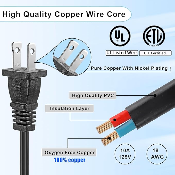 Black Extension Cord 10 Ft,2 Prong Extension Cords US Flat and Thin Male/Female Power Cable, UL Listed Perfect for Home Appliances, Office or Christmas Lights