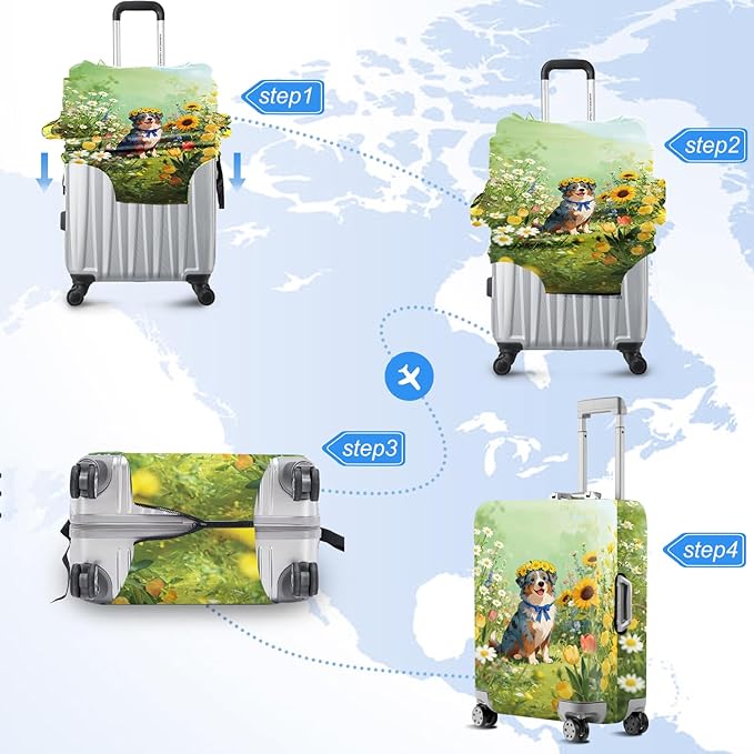 ANNA QUEEN Spring Cute Dog Travel Luggage Cover-Flower Stretchable Airplane Suitcase Protector Sleeve,Universal Washable Fit for 20-22 Inch Checked Baggage,Water Resistant Durable Luggage Protector