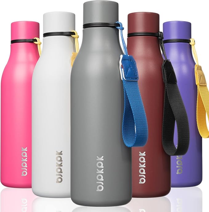 BJPKPK Insulated Water Bottles, 18 oz Stainless Steel Metal Water Bottle with Strap, BPA Free Leak Proof Jugs, Mugs, Flasks, Reusable Thermal Flasks for Sports & Travel, Grey