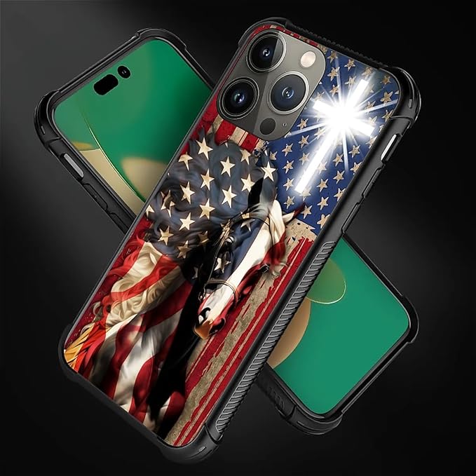 for iPhone 12 Pro Max Case, Red American Flag Horse Cross Pattern Graphic Design Girl Boy Soft Silicone Hard Acrylic Shock Protection for iPhone 12 Pro Max