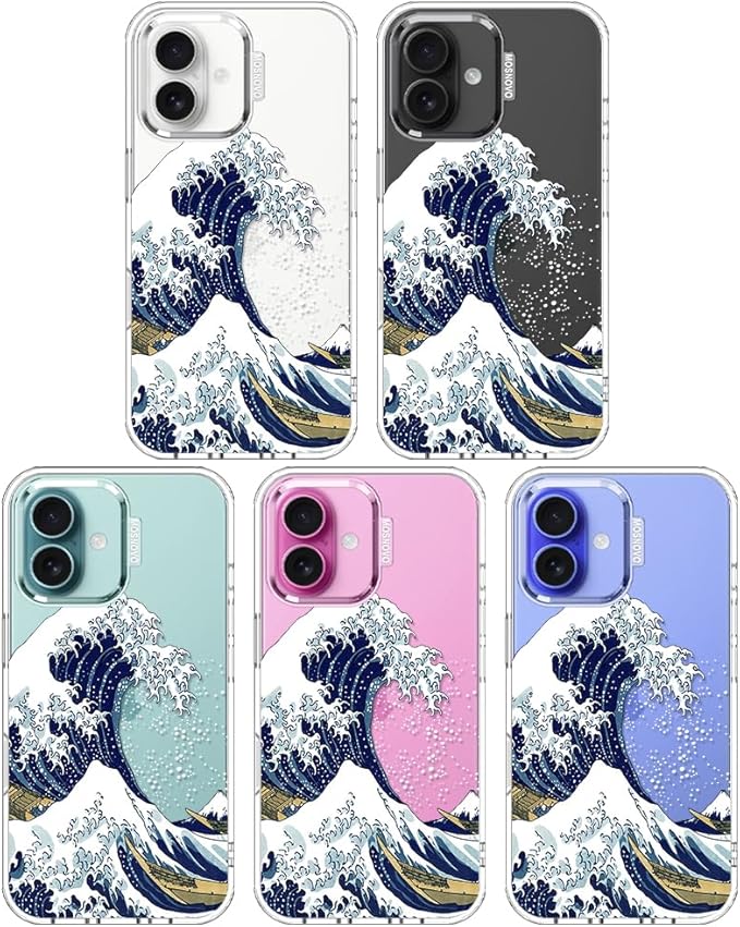 MOSNOVO Case for iPhone 16 Plus, [Buffertech 6.6ft Military-Grade Drop Protection] [Anti Peel Off Tech] Clear TPU Bumper Phone Case Cover Design - Great Wave