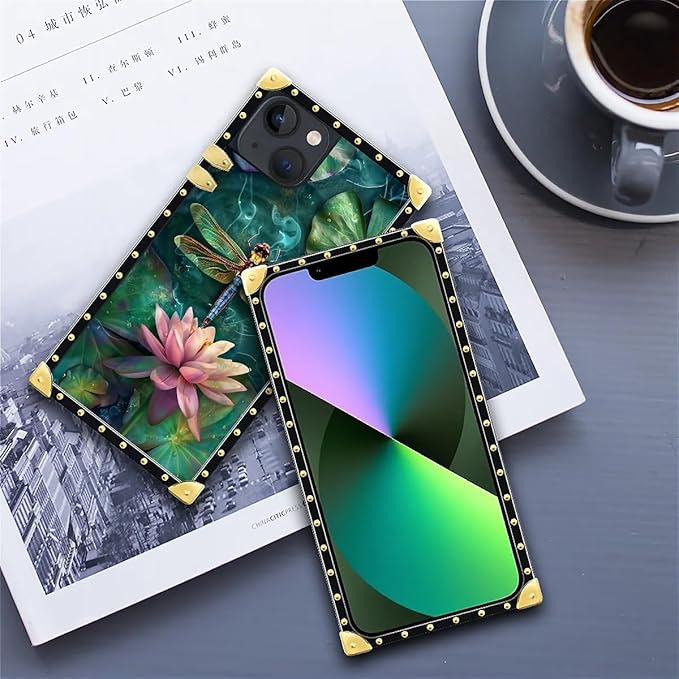 Compatible with iPhone 13 Case, Colourful Dragonfly Pink Lily Pads Luxury Golden Decoration for Girl Women Soft TPU Shockproof Protective Hard PC Back for iPhone 13