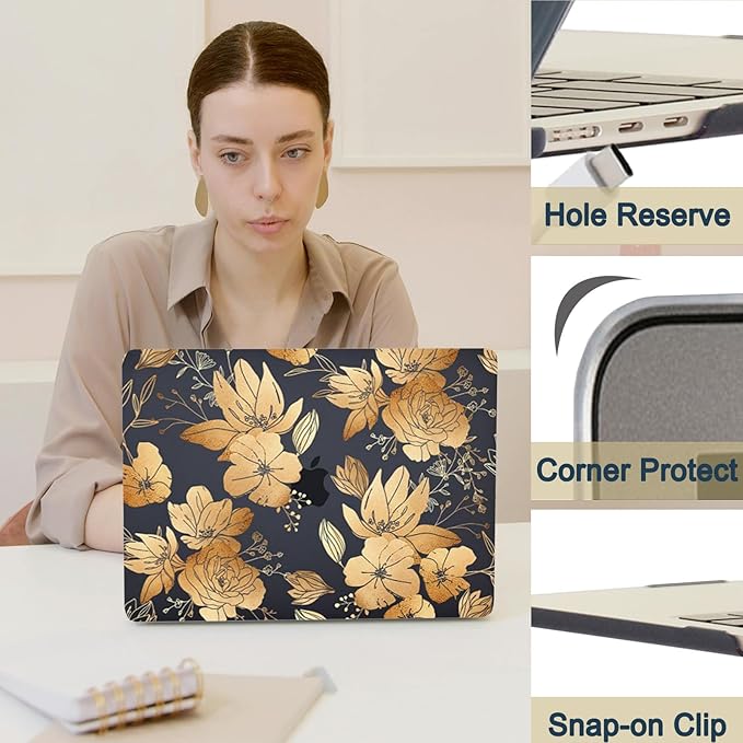 Case Cover for New MacBook Air 15 inch M4 M3 M2 2025 2024 2023 Release (Model A3114 A3241) with Retina Dispaly&Touch ID,Thin Hard Laptop Case & Keyboard Cover,Blue Gold Floral