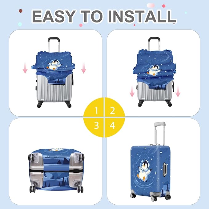 ANNA QUEEN Astronaut Penguin Luggage Cover, Cute Space Penguin Design Suitcase Protector, Washable Stretchable Travel Sleeve for 24-26 Inch Luggage