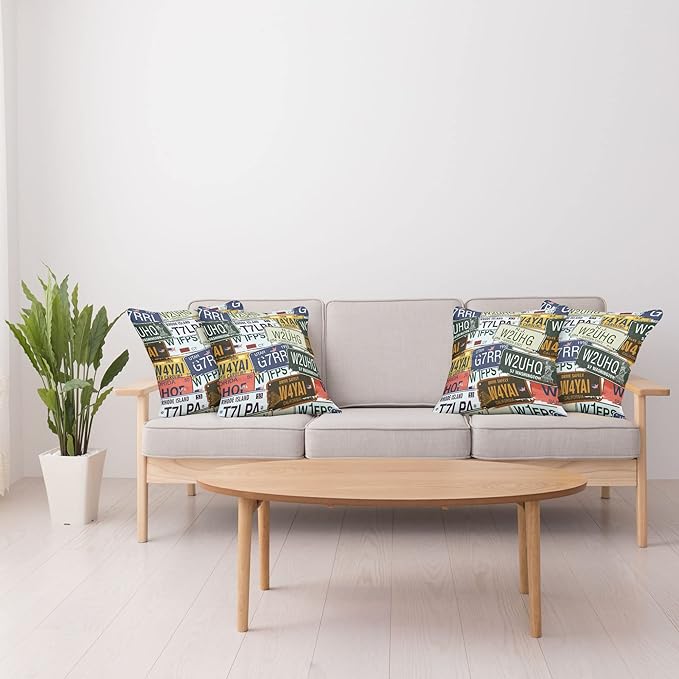 Ambesonne Vintage Decorative Throw Pillow Case Pack of 4, Original Retro Style License Plates Personalized Creative Travel Vacation, Cushion Cover for Couch Living Room Car, 20", Blue Green
