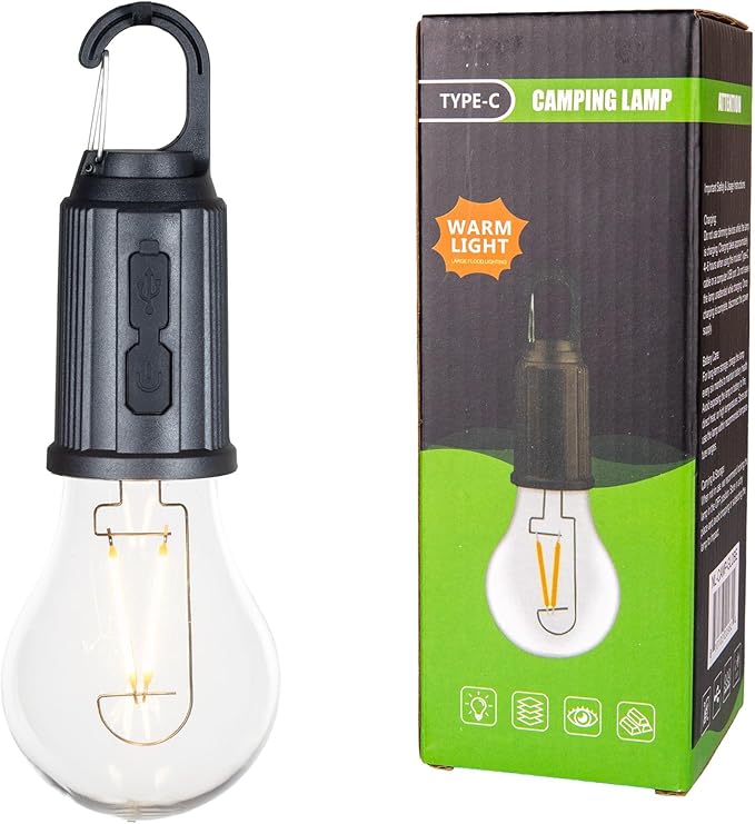 2-Pack Rechargeable Camp Light, Warm White LED Globe Bulb, Battery Powered with USB-C, Shatterproof Globe on Carabiner, 3 Brightness Levels