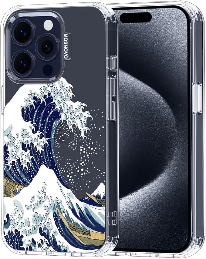 MOSNOVO Case for iPhone 15 Pro, [Buffertech 6.6ft Military-Grade Drop Protection] [Anti Peel Off Tech] Clear TPU Bumper Phone Case Cover Design - Great Wave