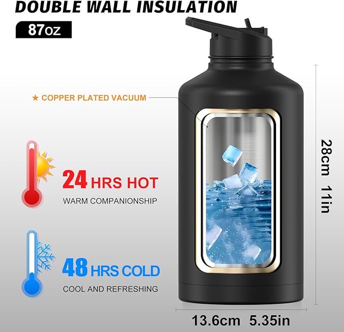 87oz Insulated Water Bottle (Cold for 48 Hrs),BPA Free&Leak Proof,1.5 Gallon Stainless Steel Water Flask,Water Jug with Straw Spout Lids for Gym,Hiking,Camping,Black