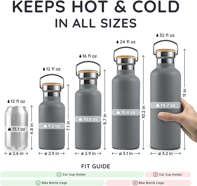 Bambaw Stainless Steel Water Bottle, 32 oz Water Bottles Insulated, For Sport, Work and School, Keeps Drinks Cold 24h & Hot 12h, Easy to Carry & Great for Travel (Stormy Gray)