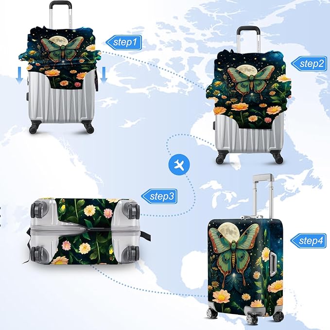Moonlit Butterfly Flower MothTravel Luggage Cover -Stretchable Airplane Suitcase Protector Sleeve,Universal Washable Fit for 32-34 Inch Checked Baggage,Water Resistant Durable Luggage Protector