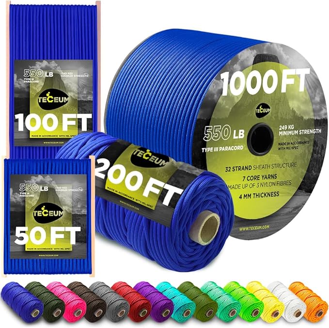 TECEUM Reflective Paracord Rope 1000 – 1000ft/200ft/100ft/50ft – 40+ Colors – Glow in The Dark – para Cord – Utility Rope for Survival, Hunting & Camping Gear – Nylon String, Camping Rope, Tent Cord