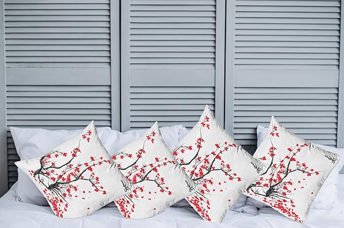 Ambesonne Nature Throw Pillow Cushion Case Pack of 4, Sakura Blossom Japanese Cherry Tree Garden Summertime Vintage Cultural Print, Modern Accent Double-Sided Digital Printing, 24", Grey Vermilion