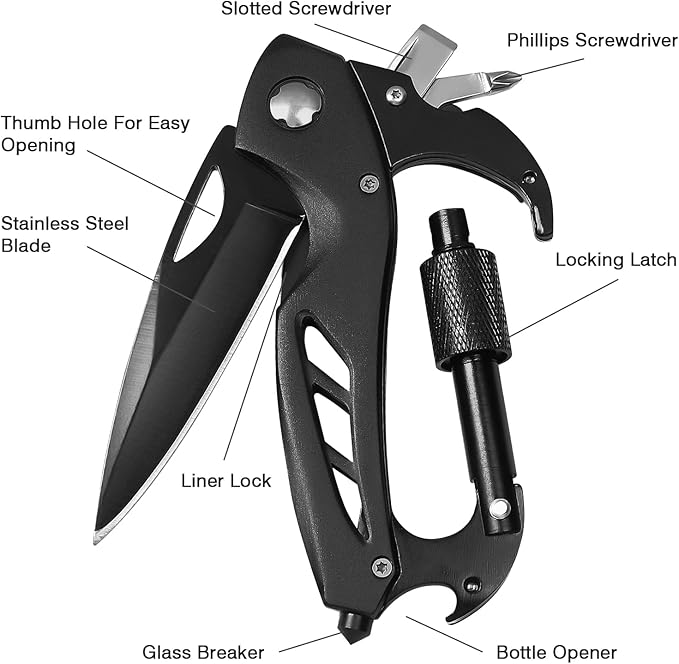 FUNBRO Multitool Carabiner with Pocket Knife, Stocking Stuffers Gifts for Men, EDC Carabiners with Folding Knives, Bottle Opener, Window Breaker and Screwdriver, Survival Gear for Camping Hiking