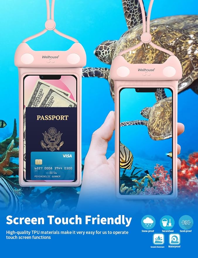wellhouse Waterproof Phone Pouch, Waterproof Phone Case for iPhone17 16 15 14 Pro Max XS Samsung, IPX8 3D Cellphone Dry Bag Beach Essentials -2 Pack Meow Green & Pink 7.0