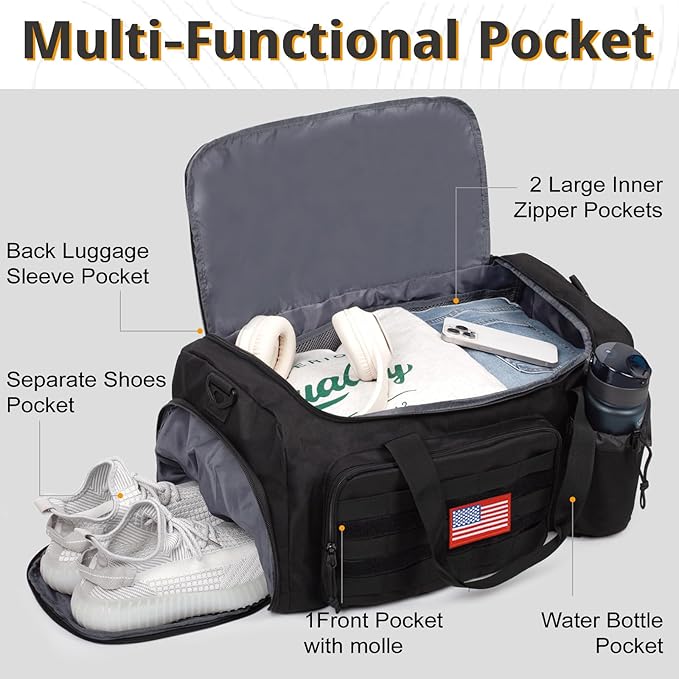 Tactical Gym Bag for Men, 60L Large Capacity Duffle Bags with Shoes Compartment, Sports Bag with wet compartment, Multi-functional Weekend Bags Suitable for Travel, Camping,hiking