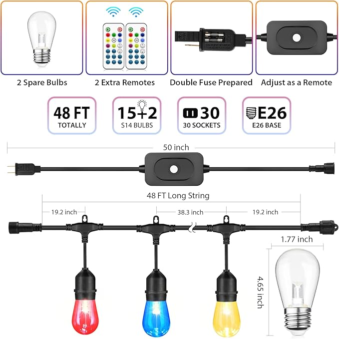 Larkvue 48FT RGBW Outdoor String Lights with Remote, Patio Lights with 15+2 Edison S14 Dimmable Shatterproof Bulbs for Outside Garden Backyard Hanging