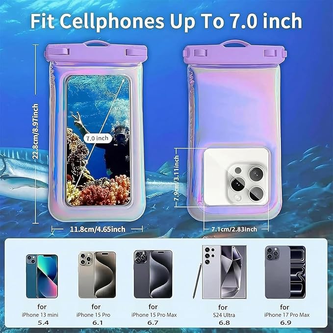 Floatable Waterproof Phone Pouch Case 2 pcs for iPhone 17 16 Pro Max/15/14, IP68 Travel Cellphone Dry Bag Beach Cruise Ship Essential Bag with Crossbody Lanyard, Iridescent Blue and Purple-7″