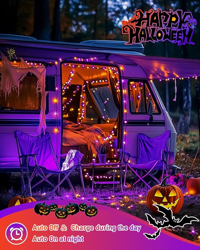 JMEXSUSS 2 Pack Solar Halloween Lights Outdoor Waterproof, Total 66FT 200 LED Orange and Purple Halloween Lights, 8 Mode Black Wire Solar Fairy String Light for Outside Yard Spooky Party Decorations