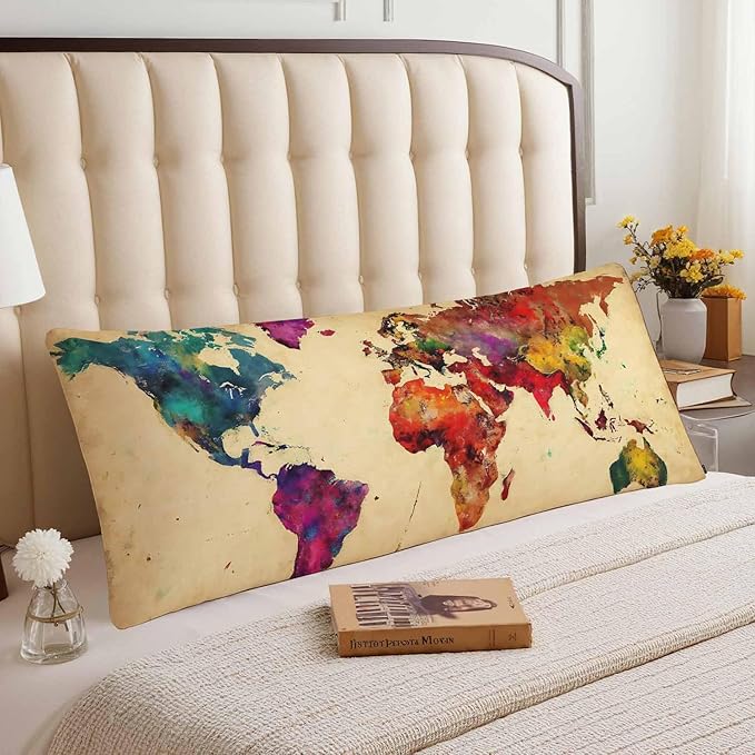 World Map Body Pillow Pillowcase, Retro World Map Colorful Body Pillow Cushion Cover, 20x54 Inch Lumbar Pillow Cover Large Pillow Protector for Home Couch Sofa