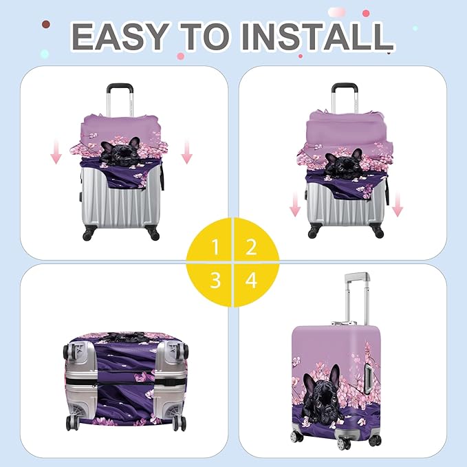 ANNA QUEEN French Bulldog Luggage Cover, Cute Black Dog with Pink Flowers Suitcase Protector, Stretchable Washable Travel Sleeve for 32-34 Inch Luggage