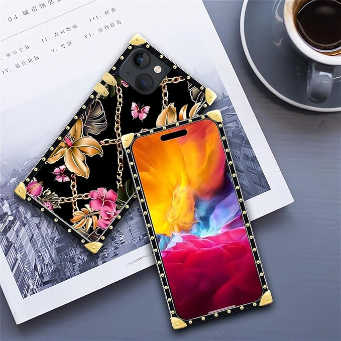 Compatible with iPhone 15 Case, Pink Golden Chain Tropical Flower Luxury Golden Decoration for Girl Women Soft TPU Shockproof Protective Hard PC Back for iPhone 15