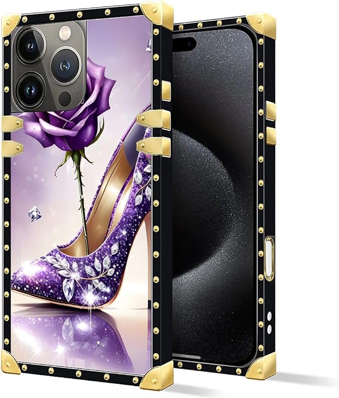 Compatible with iPhone 16 Pro Case, High Heeled Purple Diamond Rose Luxury Golden Decoration for Girl Women Soft TPU Shockproof Protective Hard PC Back for iPhone 16 Pro