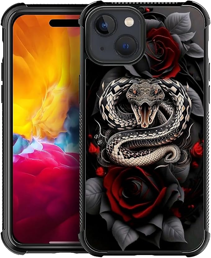 for iPhone 15 Plus Case, Entwined Rose Snake Pattern Graphic Design Girl Boy Soft Silicone Hard Acrylic Shock Protection for iPhone 15 Plus