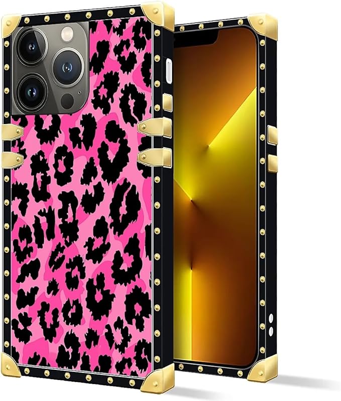 Compatible with iPhone 13 Pro Case, Pink Black Leopard Luxury Golden Decoration for Girl Women Soft TPU Shockproof Protective Hard PC Back for iPhone 13 Pro