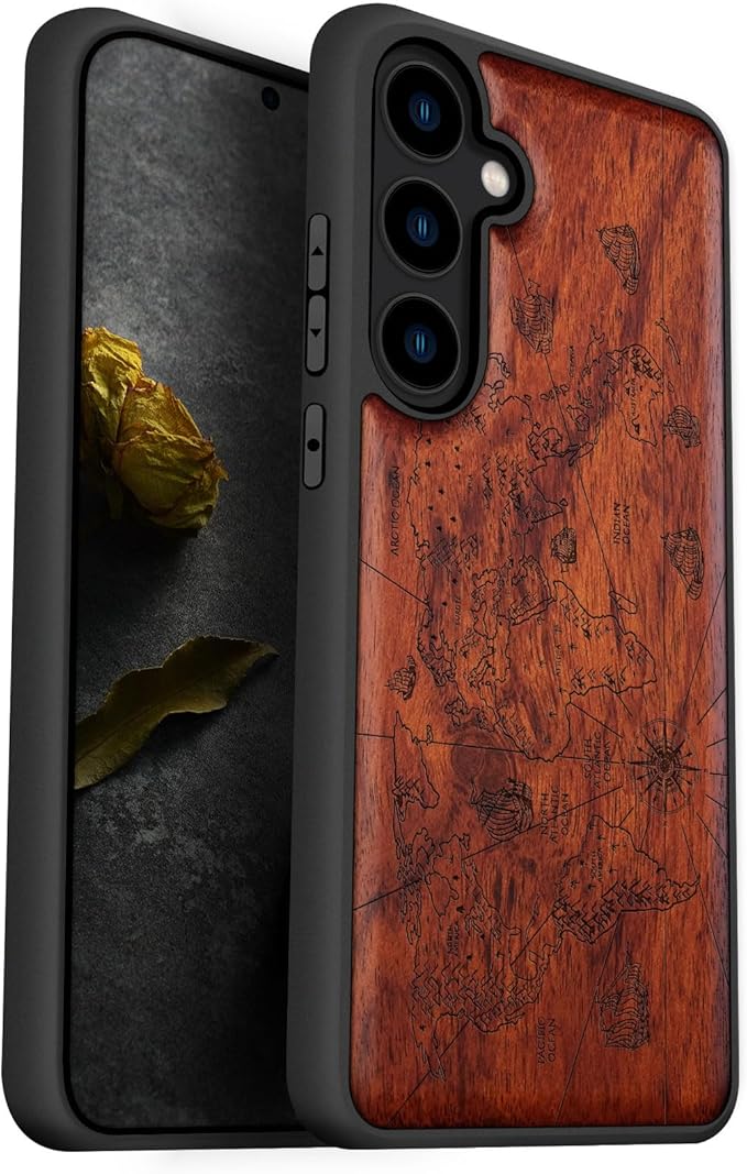 Carveit Wood Case for Galaxy S24 Plus Case [Natural Wood & Black Soft TPU] Shockproof Protective Cover Unique Wooden Design Compatible with S24 Plus (World Map-Rosy)