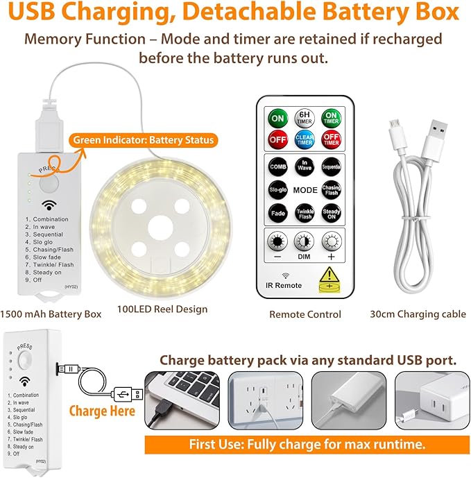 HXWEIYE Fairy Lights Battery Operated (Included) with DIY Timer & Remote，33ft 100LED Rechargeable Twinkle String Lights, 8 Modes Decor Light for Bedroom Indoor Wedding Dorm Christmas Tree(Warm White)