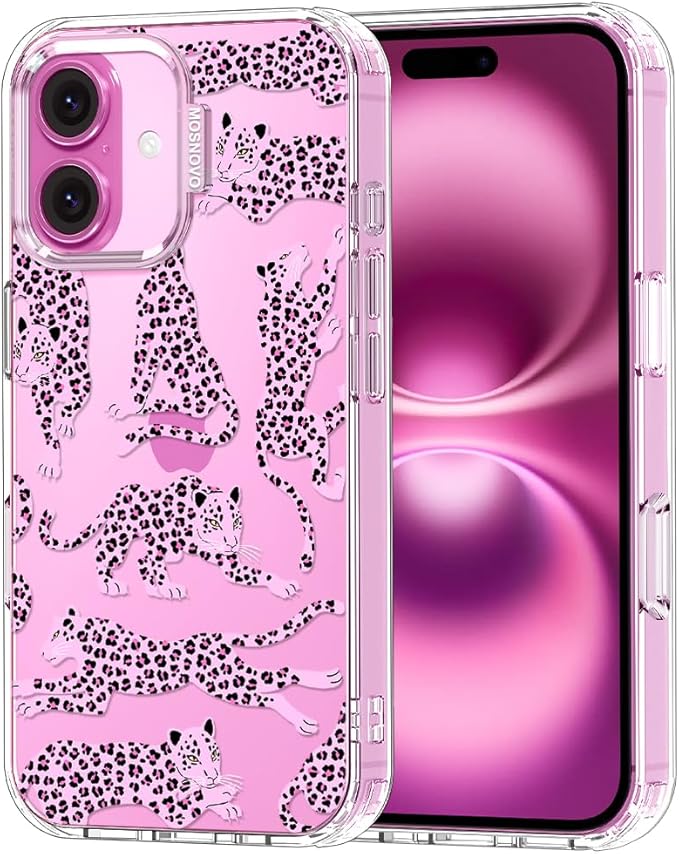 MOSNOVO Case for iPhone 16 Plus, [Buffertech 6.6ft Military-Grade Drop Protection] [Anti Peel Off Tech] Clear TPU Bumper Phone Case Cover Design - Pink Leopard